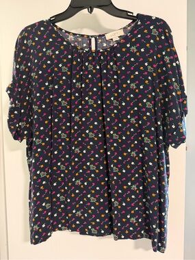 LOFT Navy Floral Short Sleeve Pleated Yoke Blouse